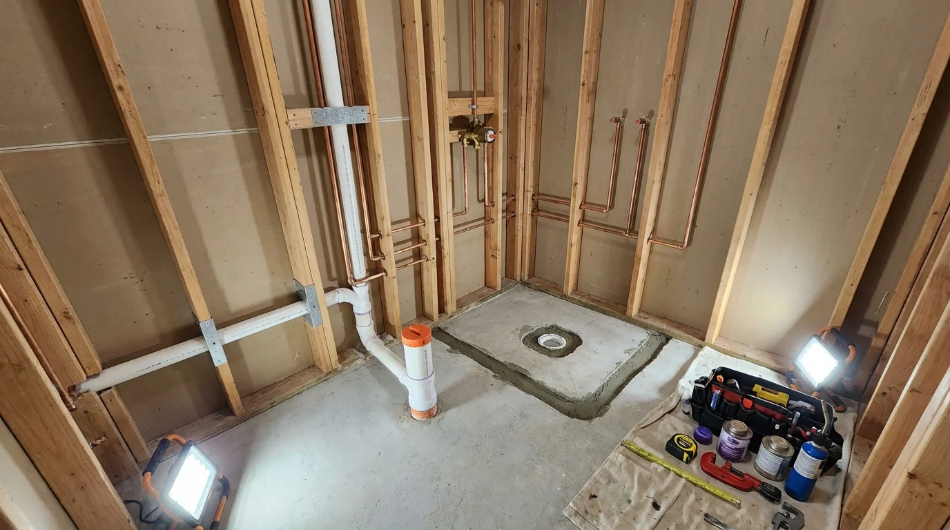 Bathroom rough-in plumbing during remodel by Johns Plumbing LLC in Momence