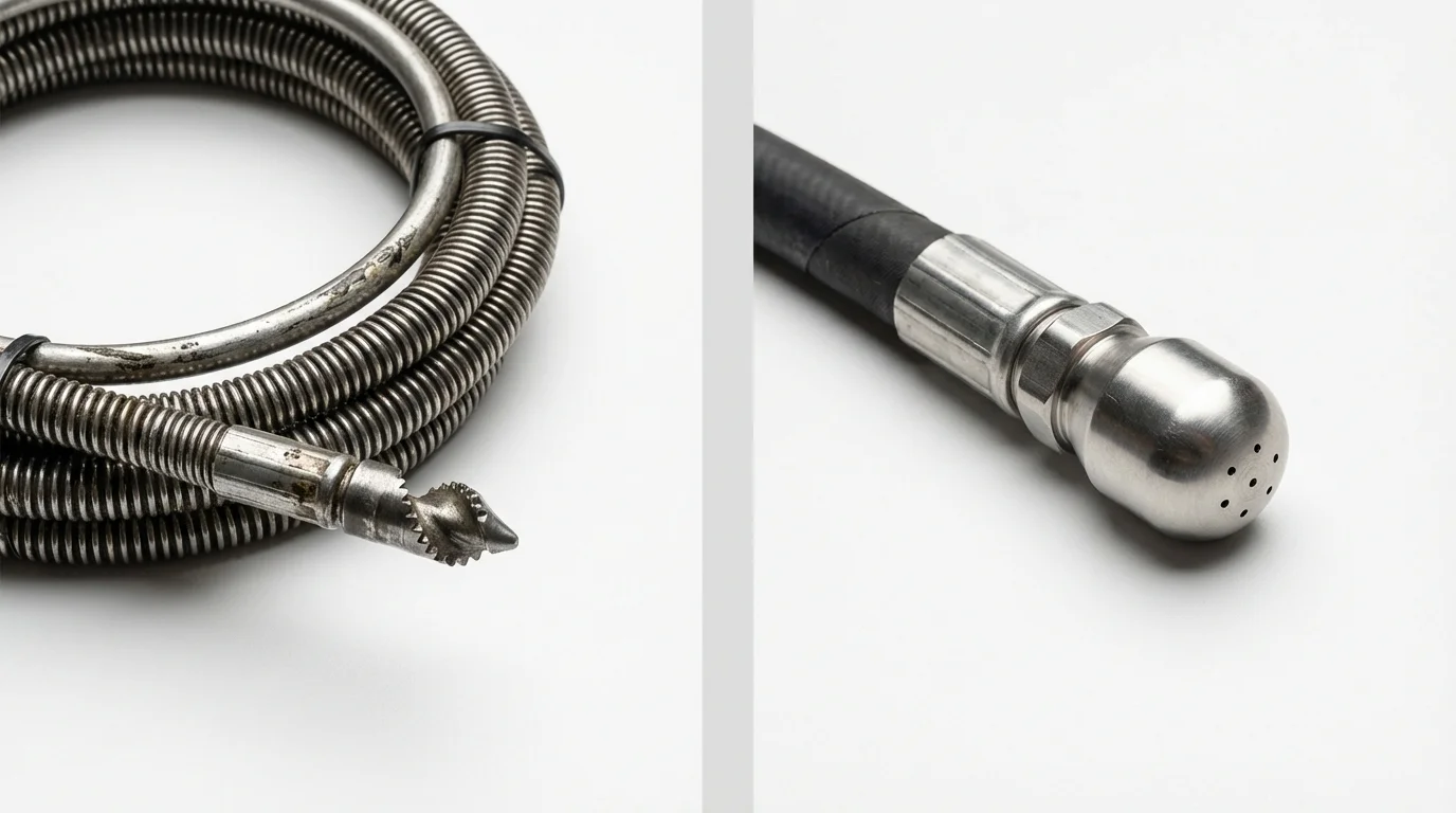 Drain snake cable and hydro jetting nozzle used for drain cleaning in Momence, IL