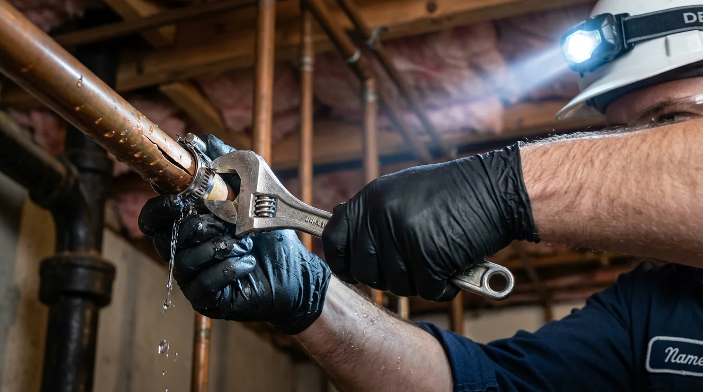 Emergency pipe clamp repair being performed by a Johns Plumbing LLC plumber in Momence
