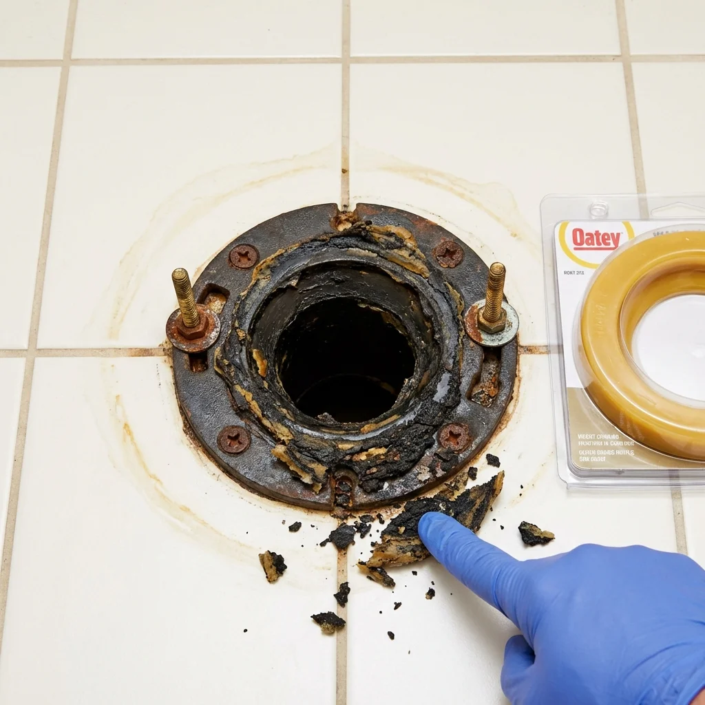 Failed wax ring showing water seepage at the base of a toilet in a Momence, IL home