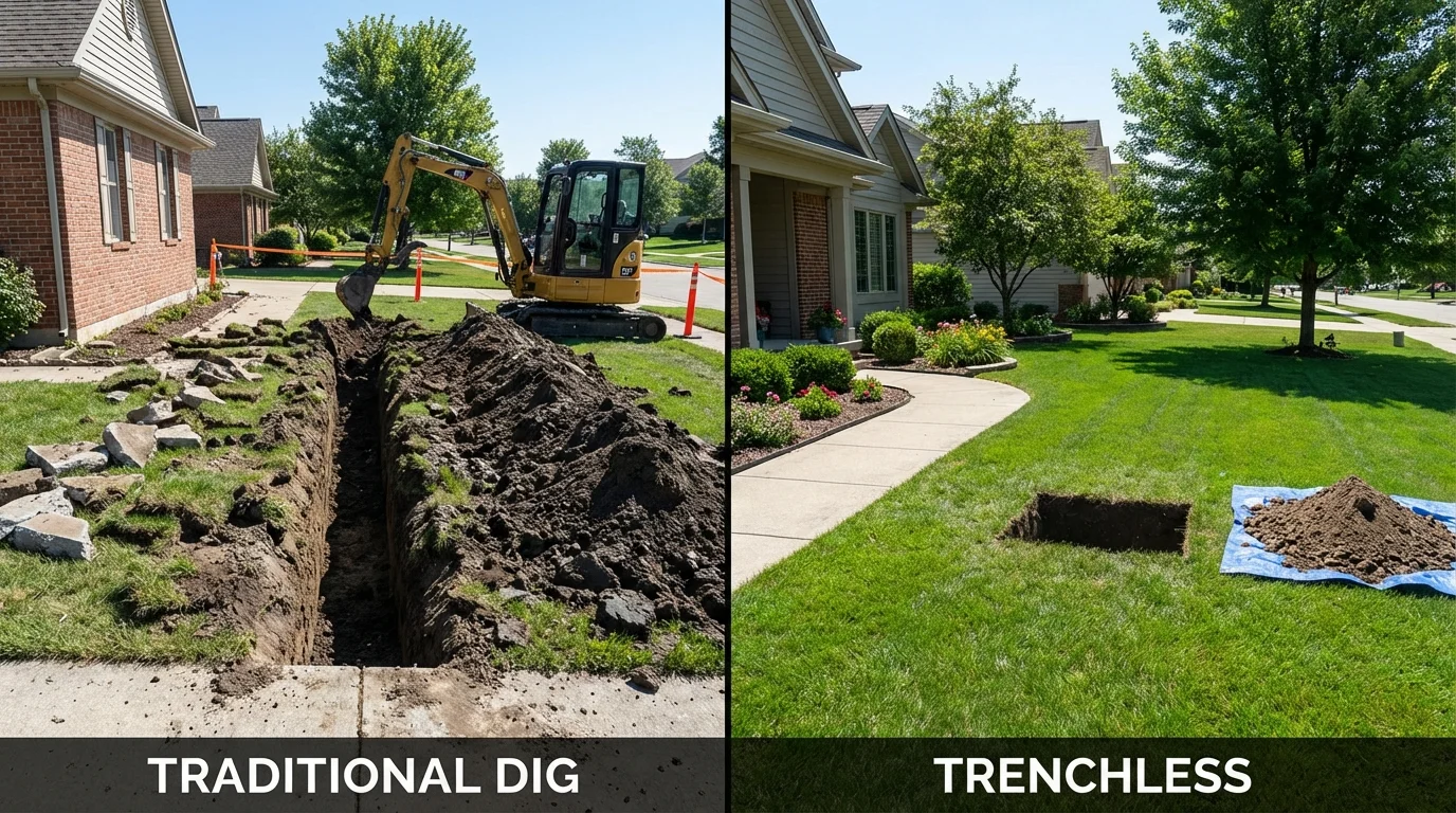 Trenchless sewer repair with minimal yard damage versus traditional excavation in Momence, IL