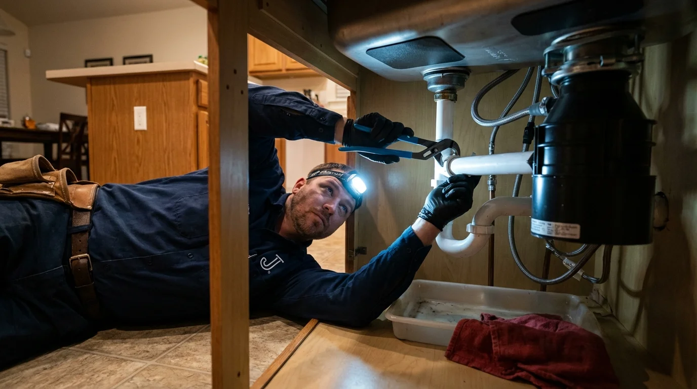 P-trap and supply line connections under a kitchen sink showing a common leak point in Momence, IL
